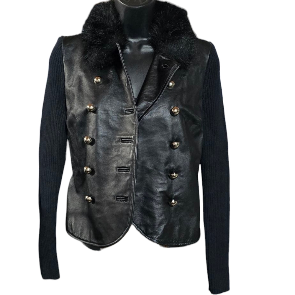 INC International Black Leather Double-Breasted Women's Military Style Jacket - Picture 3 of 5